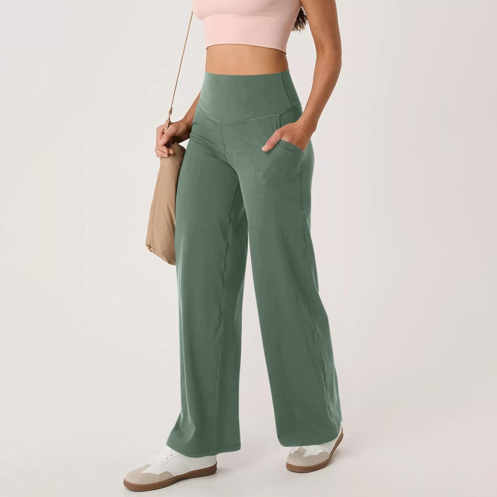 thumbnail image 2 of Pantalones de yoga de mujer de cintura alta y pierna ancha con bolsillos, pantalones de chándal holgados e informales, 2 of 6